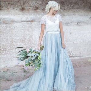 Elegant Blue and White Lace Gown